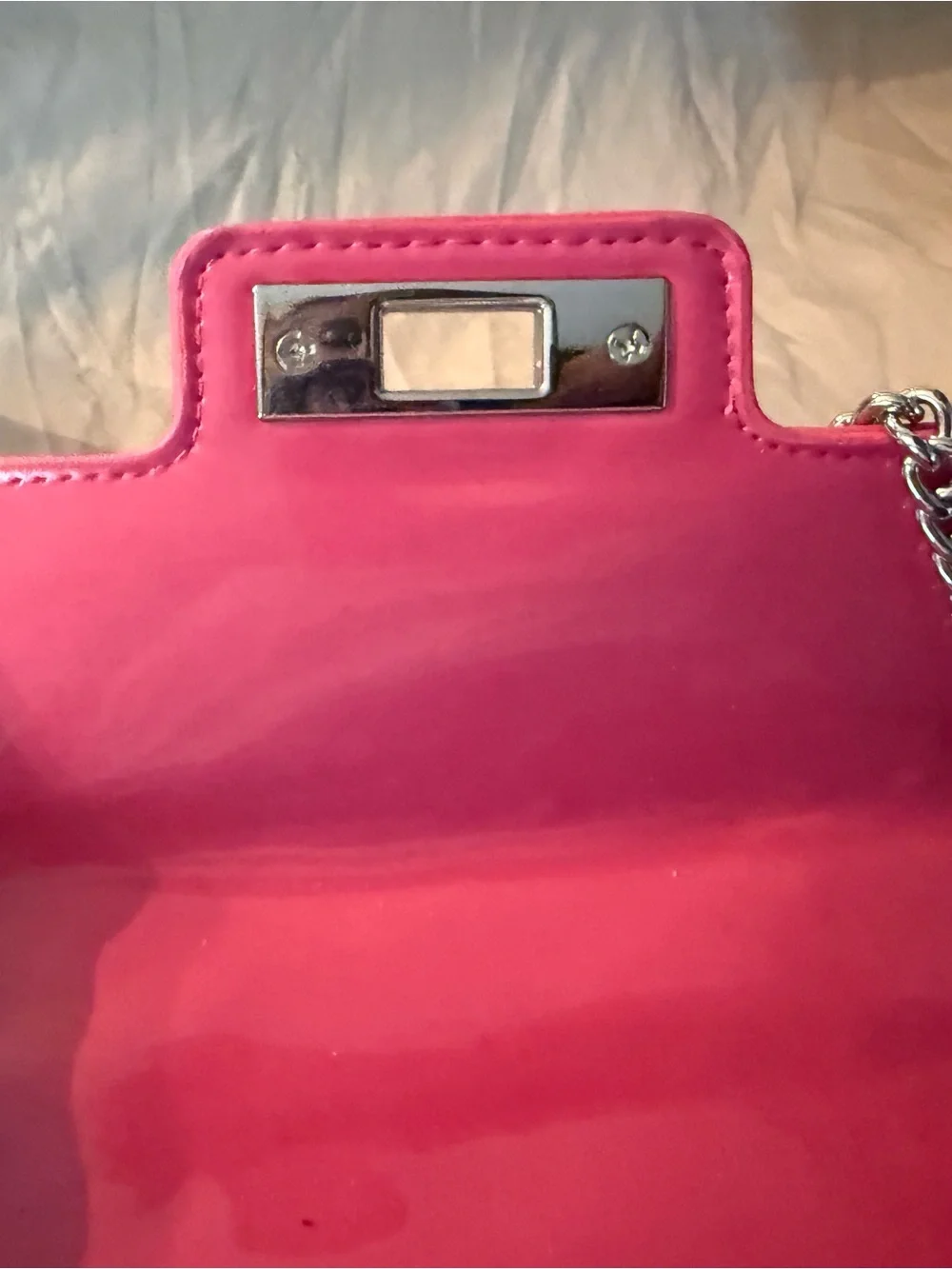 Steve Madden Hot Pink Jeweled Patent Crossbody with Silver Chain - Picture 4 of 5
